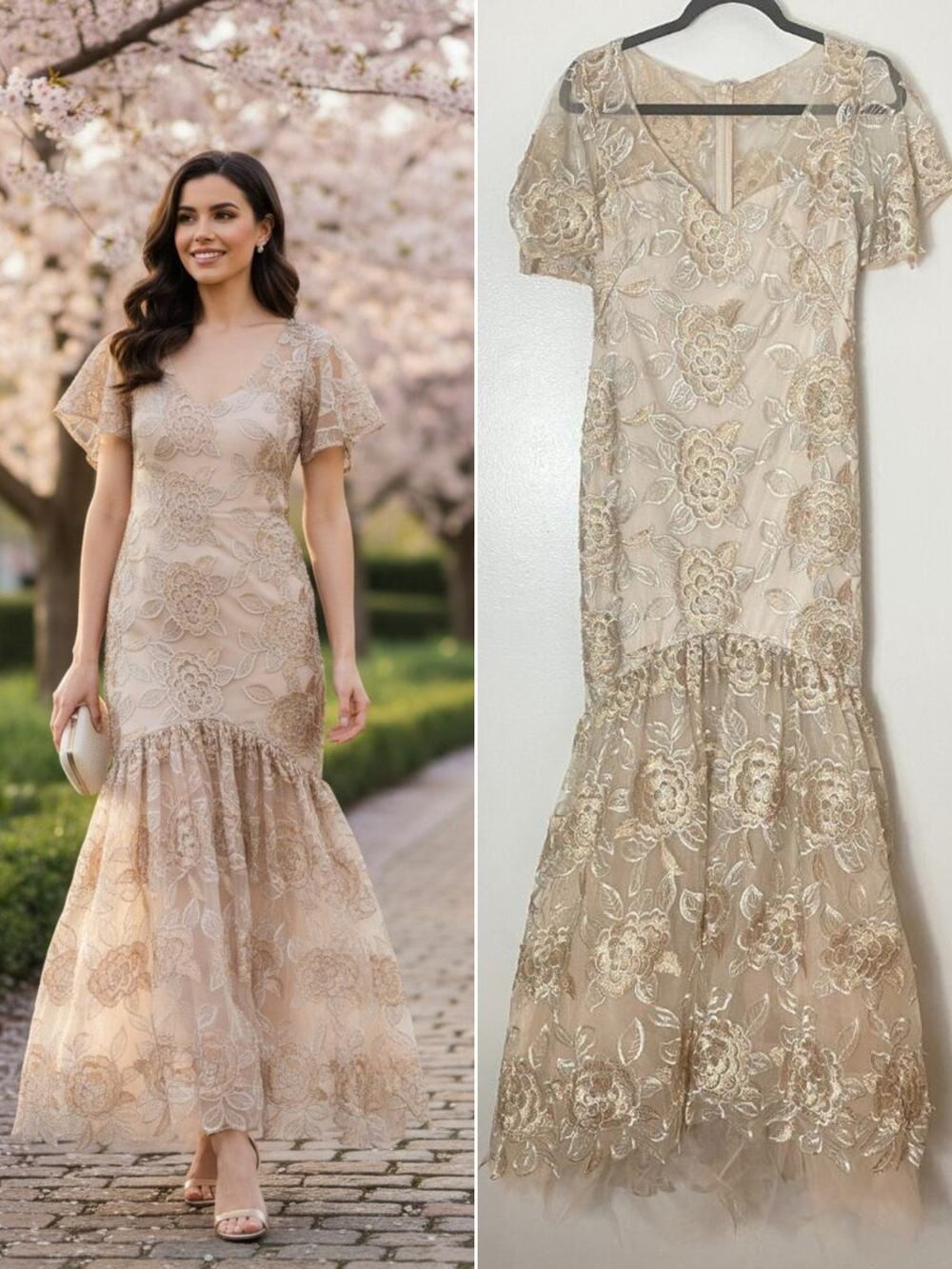 Mikael Aghal NEW Dress Tan Mother of the Bride Formal Evening Wedding Guest Gown